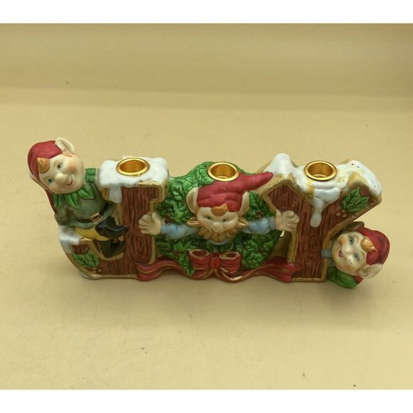 Robel Hall Ceramic JOY Christmas 3 Elves Pixies Candle Holder Vintage - Picture 4 of 10